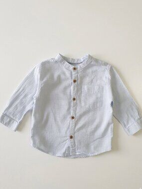 Zara Baby Boy Linen Blend Mandarin Collar Shirt - Light Blue - Size 6-9M